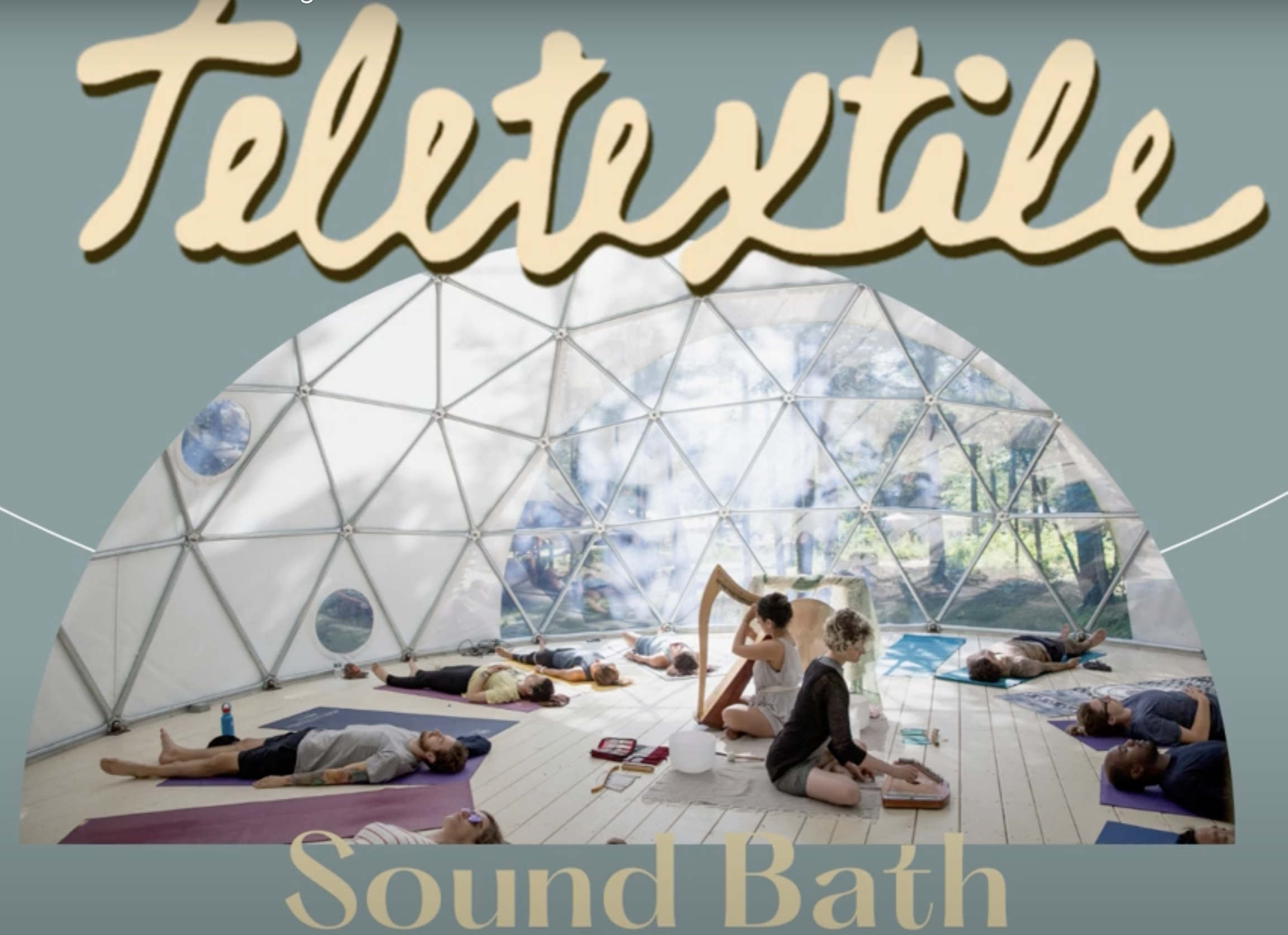 6 people laying on the floor on yoga mats in a circular formation under a clear geodesic dome structure with a harpist and another music sitting in the middle.